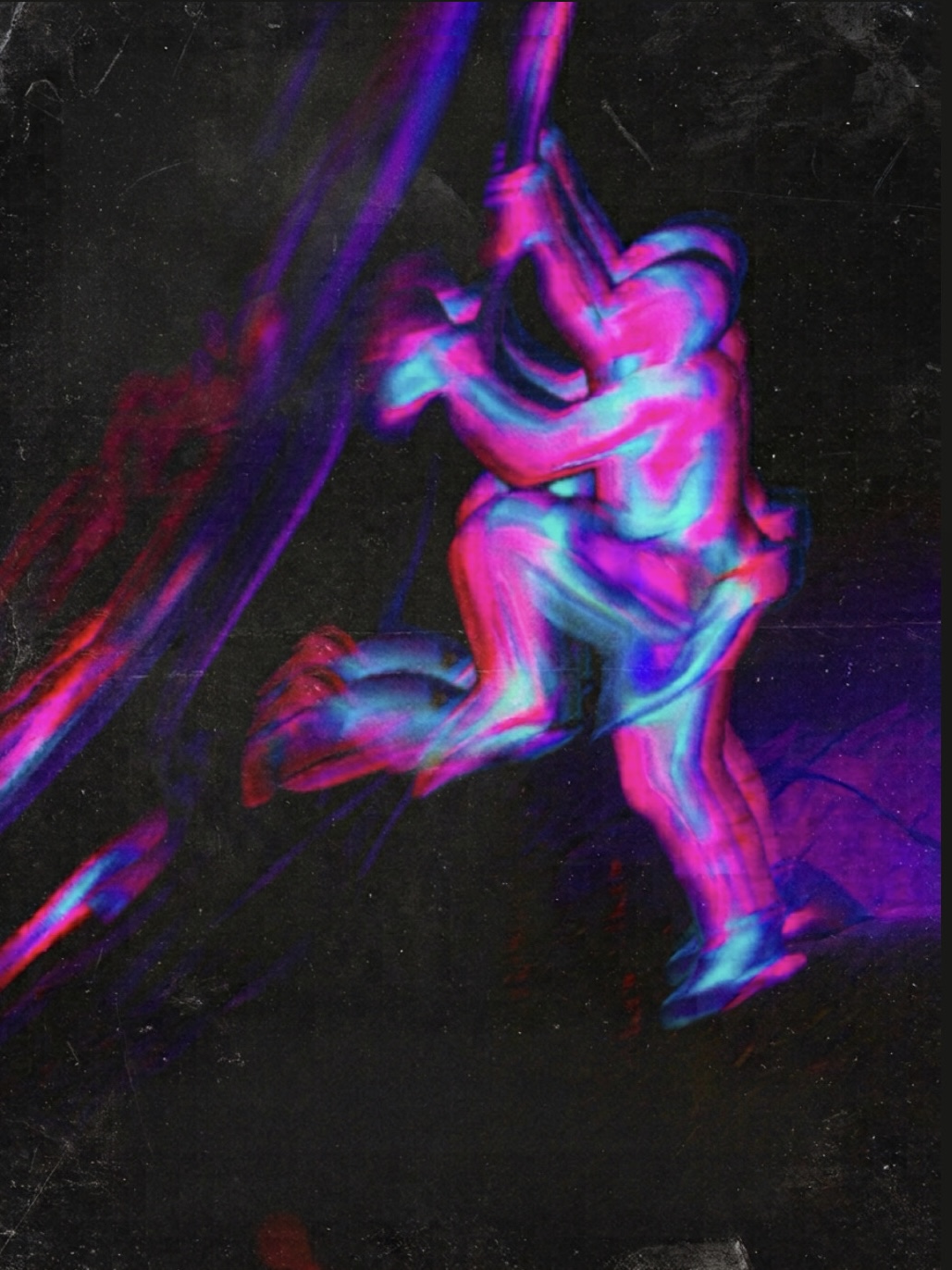 Climber reaching up a wall in neon pink, purple and cyan